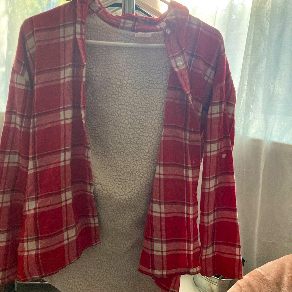 Bright red fuzzy flannel.